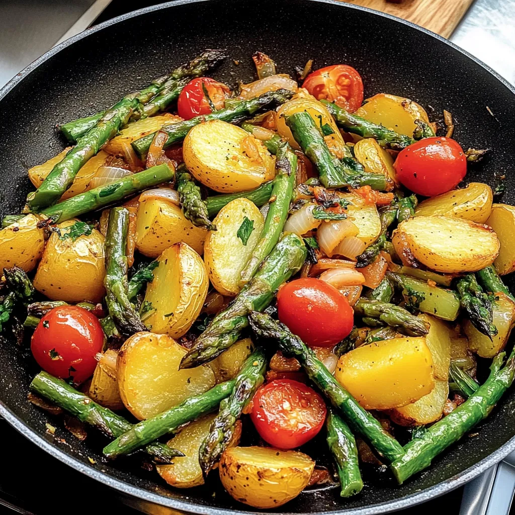 Ein schwarzes Töpfchen mit einer Mischung aus Zwiebeln, Tomaten, Asparagus und Kartoffeln.