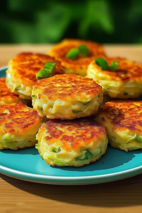 Eine Platte mit sechs golden gebackenen Pancakes, die mit gr&uuml;nen Zwiebeln und Zwiebelst&auml;ngeln garniert sind.