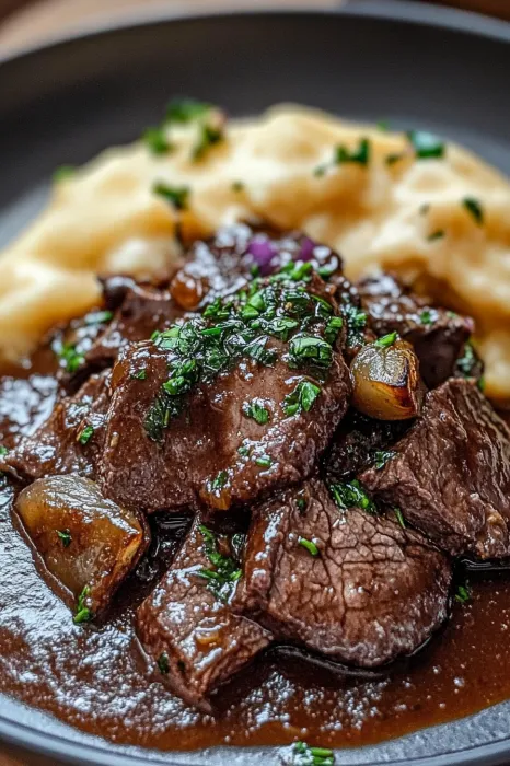 Eine Sch&uuml;ssel mit gegrilltem Fleisch, garniert mit Zwiebeln und Knoblauch.