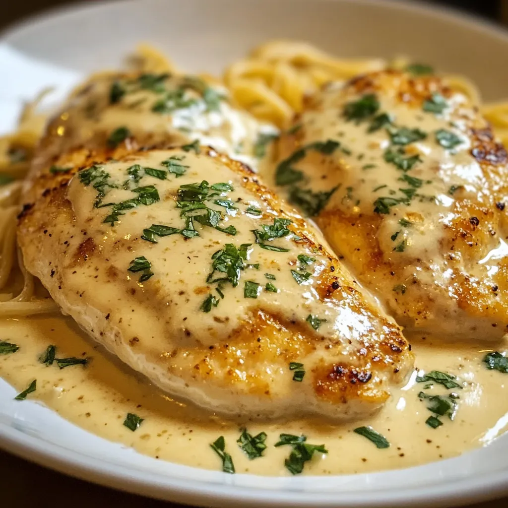 Ein weißer Teller mit zwei Portionen von gegrilltem Fleisch, das mit Sauce und Kräutern garniert ist.