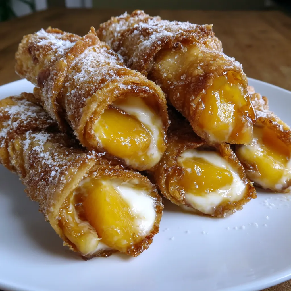 Ein weißer Teller mit Pfirsich-Käsekuchen-Rollen darauf.