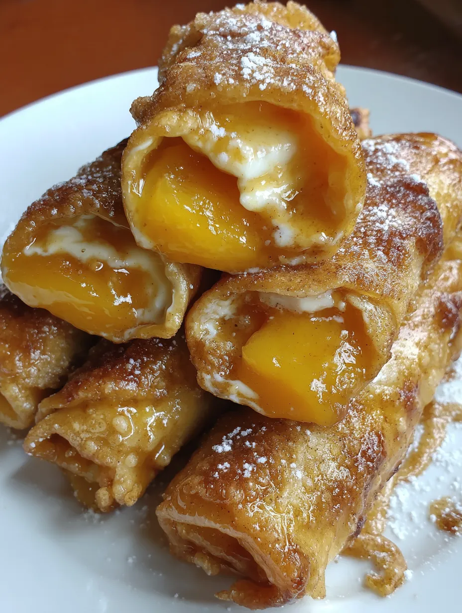 Ein Plate mit Pfirsich-Käsekuchen-Rollen auf einem Tisch.