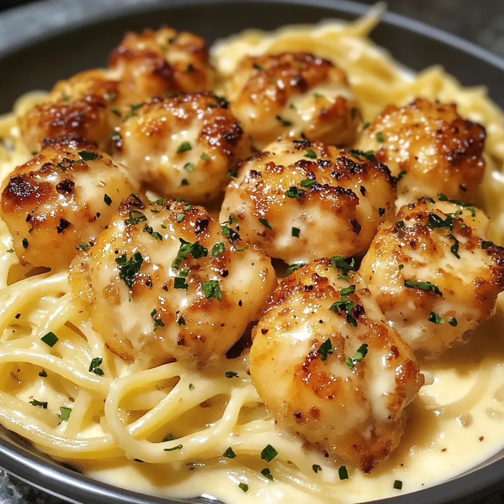 Eine Platte mit Hähnchenbrustfilets, die in einer cremigen Parmesan-Pasta serviert werden.