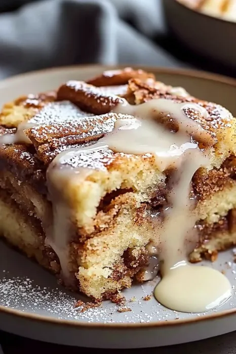 Eine Tafel mit einem Stück Kuchen, der mit Zucker und Sauce bedeckt ist.