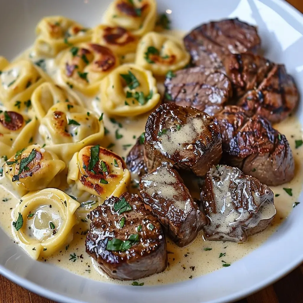 Ein weißer Teller mit einer Mischung aus Käse, Pasta und Fleisch.