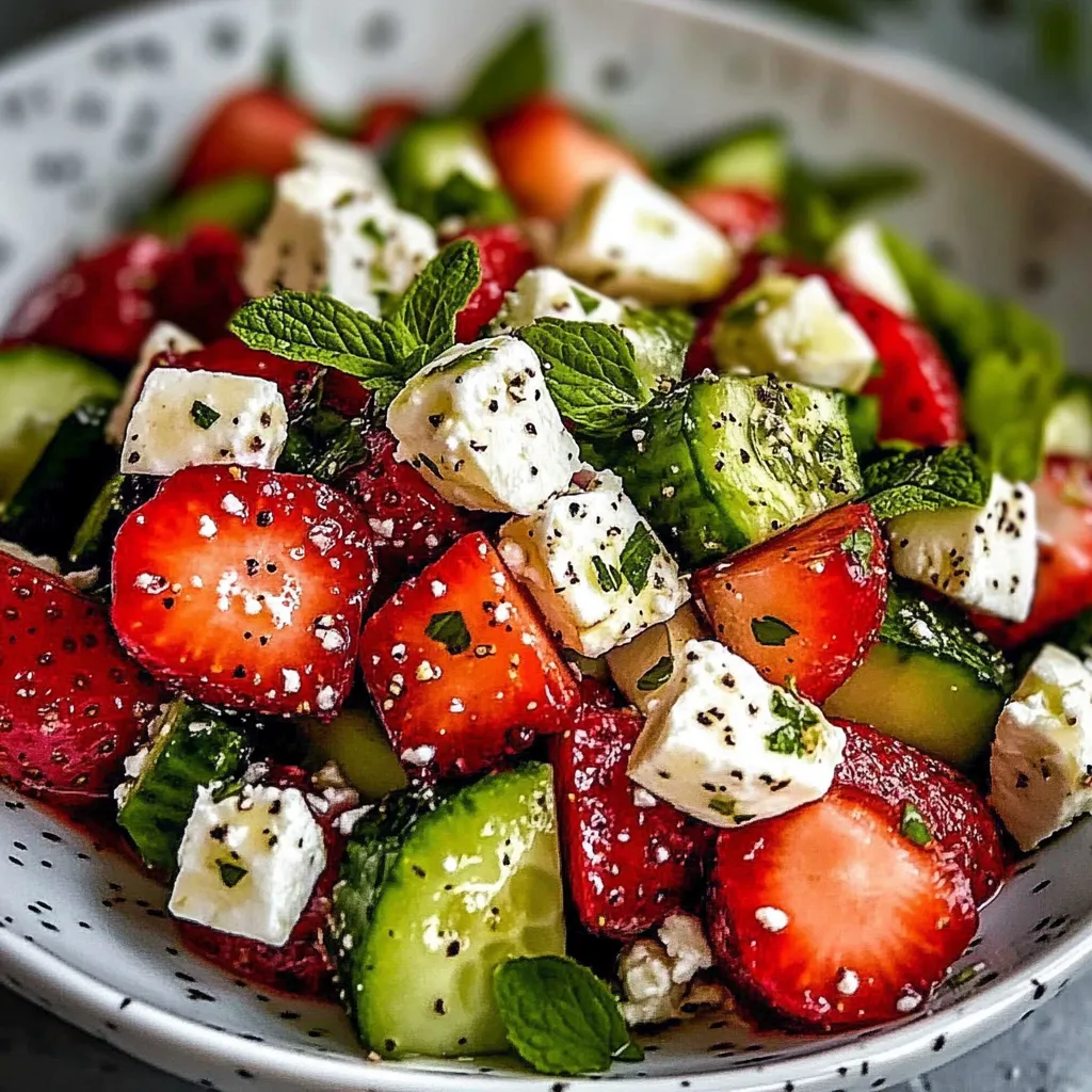 Ein weißer Becher mit einer Mischung aus frischen Beeren, Zwiebeln und Feta-Käse.