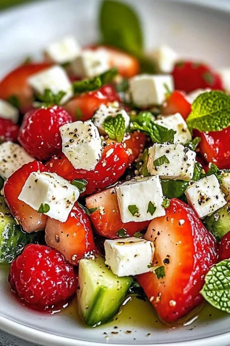 Eine Schüssel mit einer Mischung aus frischen Beeren, Zwiebeln und Käse.