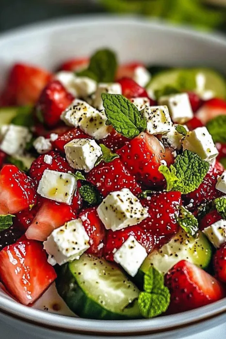 Eine Mischung aus Strawberries, Mint und Feta-Käse.