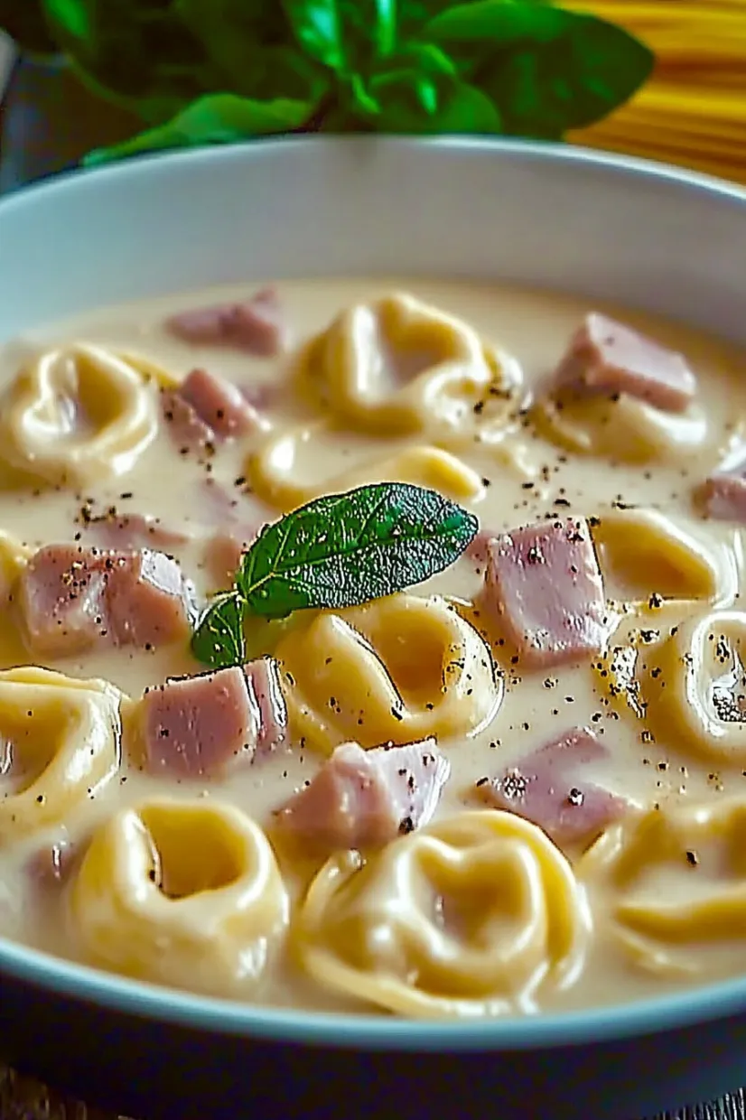 Eine Schüssel mit Pasta und Ham.