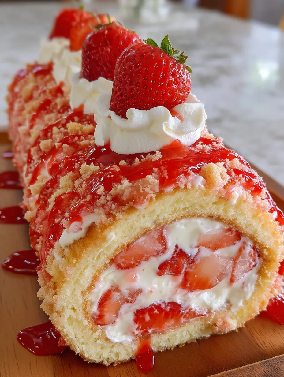 Eine Strawberry-Roll mit Strawberries und Cream auf einem Holzbrett.