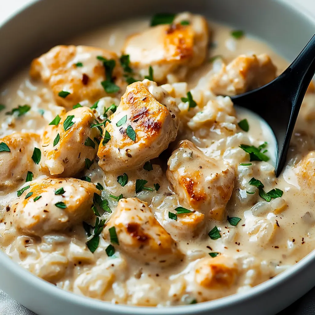 Ein weißer Teller mit einer Mischung aus Rice, Chicken und Sauce.