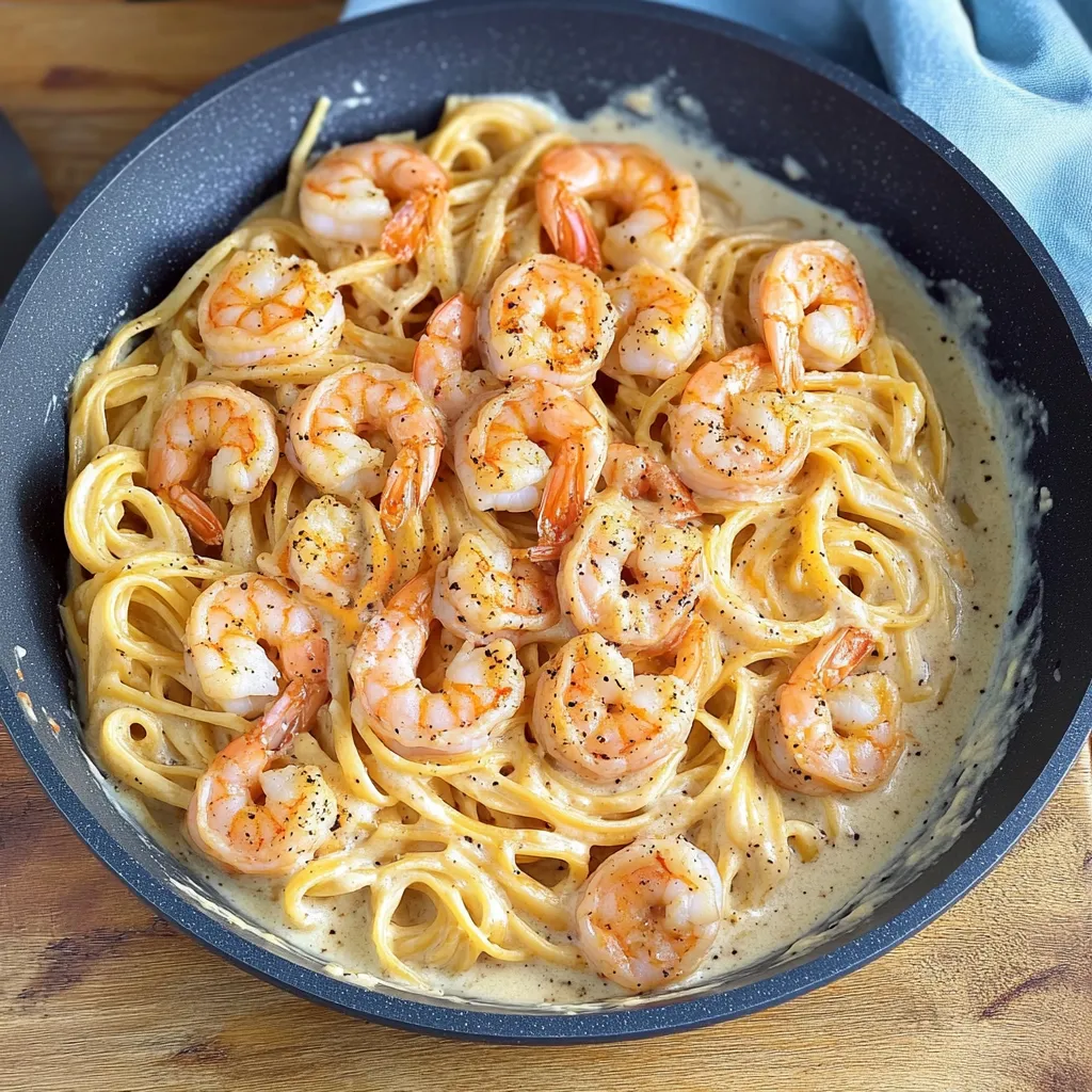Ein Schmelztopf mit Pasta und Shrimp.