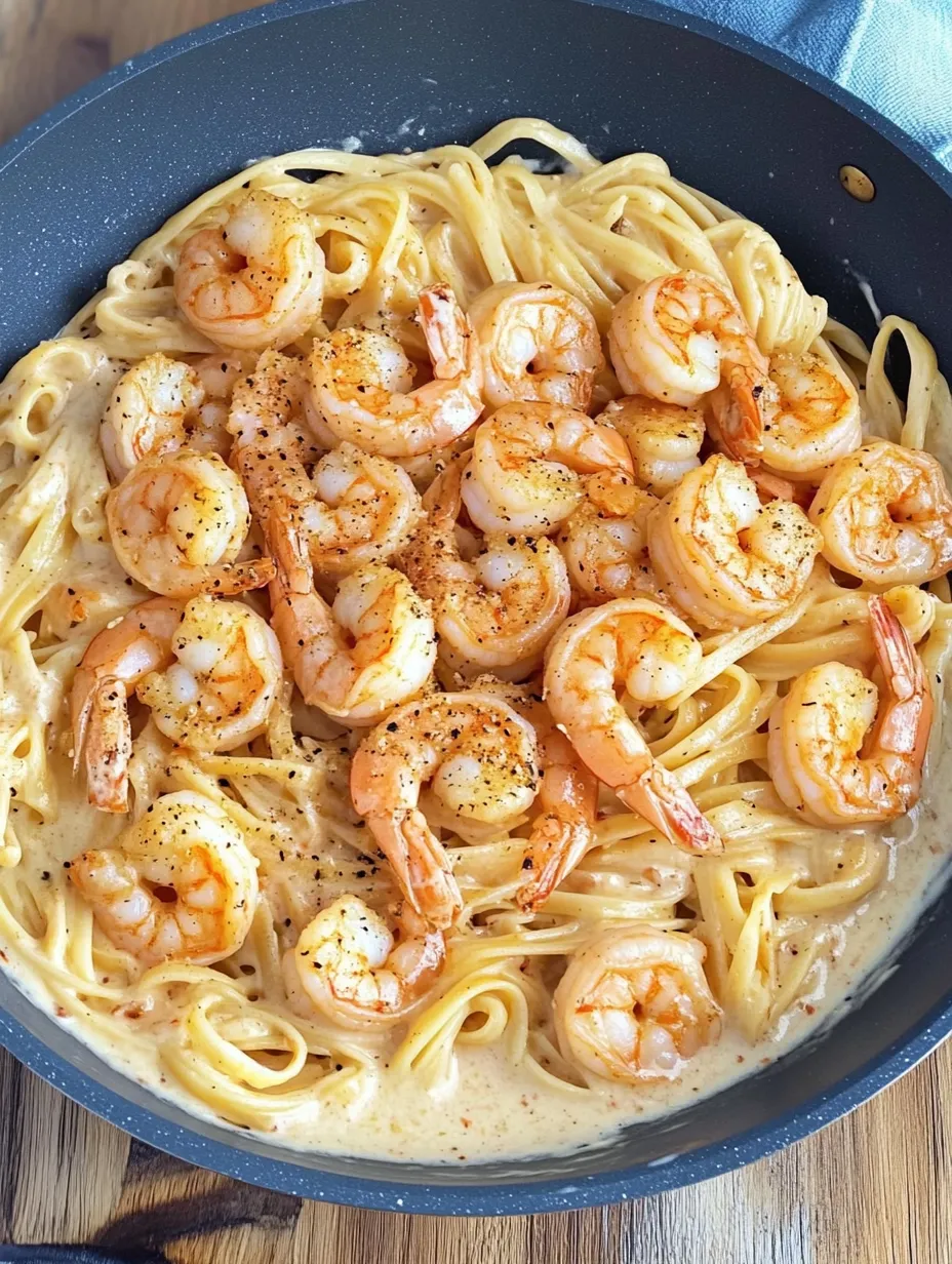 Eine Schüssel mit Pasta, Shrimp und Tomaten.