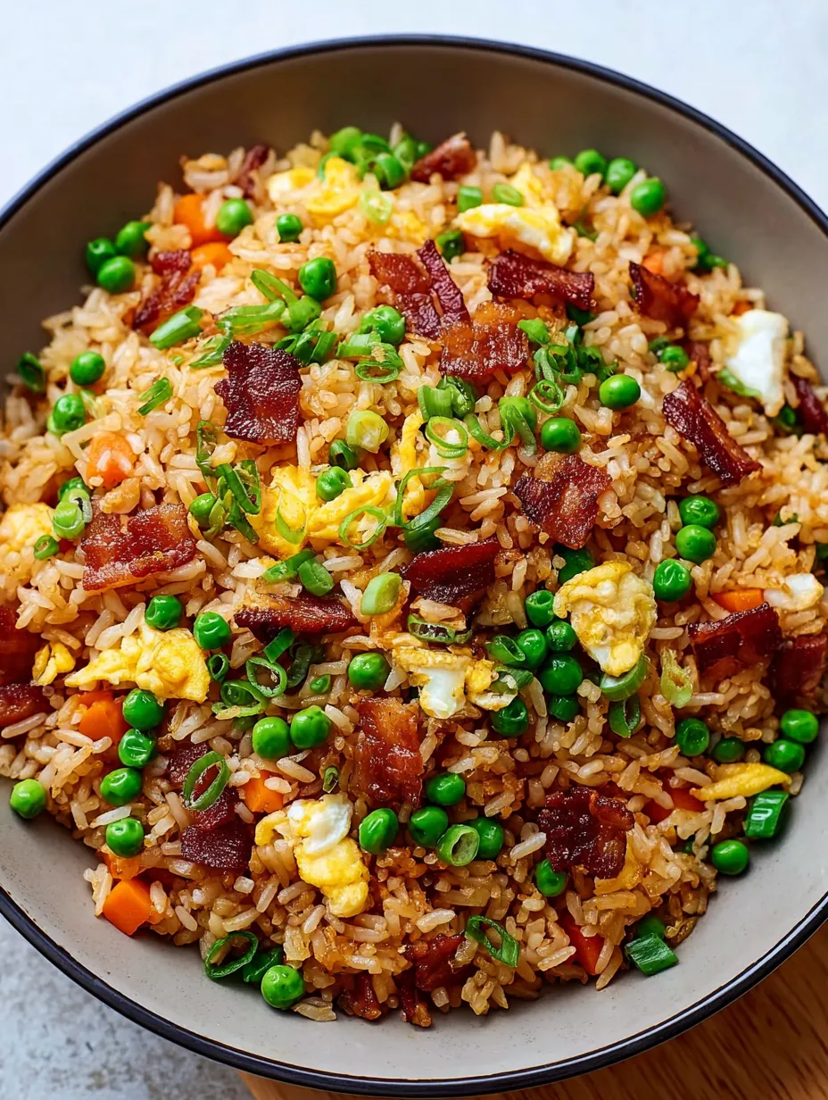 Ein großer, schwarzer Teller mit einer Mischung aus Reis, Bacon, Eiern, Peas und Garnelen.