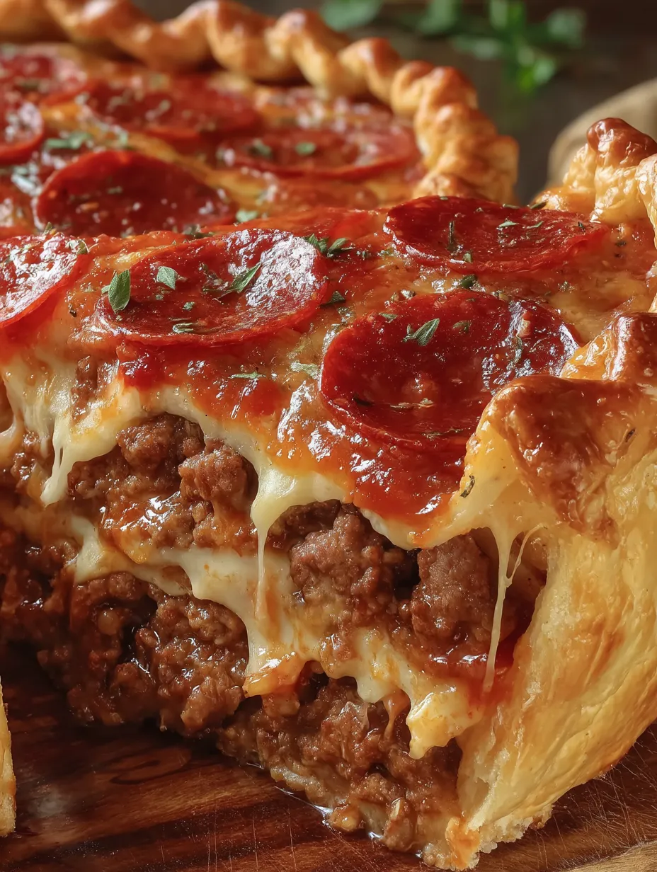 Ein tiefer Hamburger-, Wurst- und Peperoni-Kuchen auf einem Holzblock.