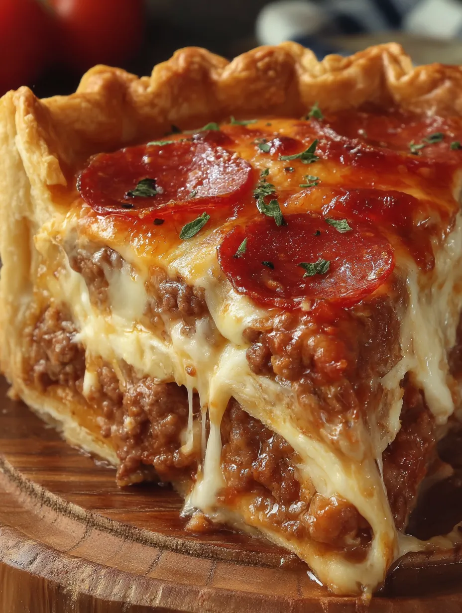 Ein tiefer Hamburger-, Wurst- und Peperoni-Kuchen auf einem Holzfuß.