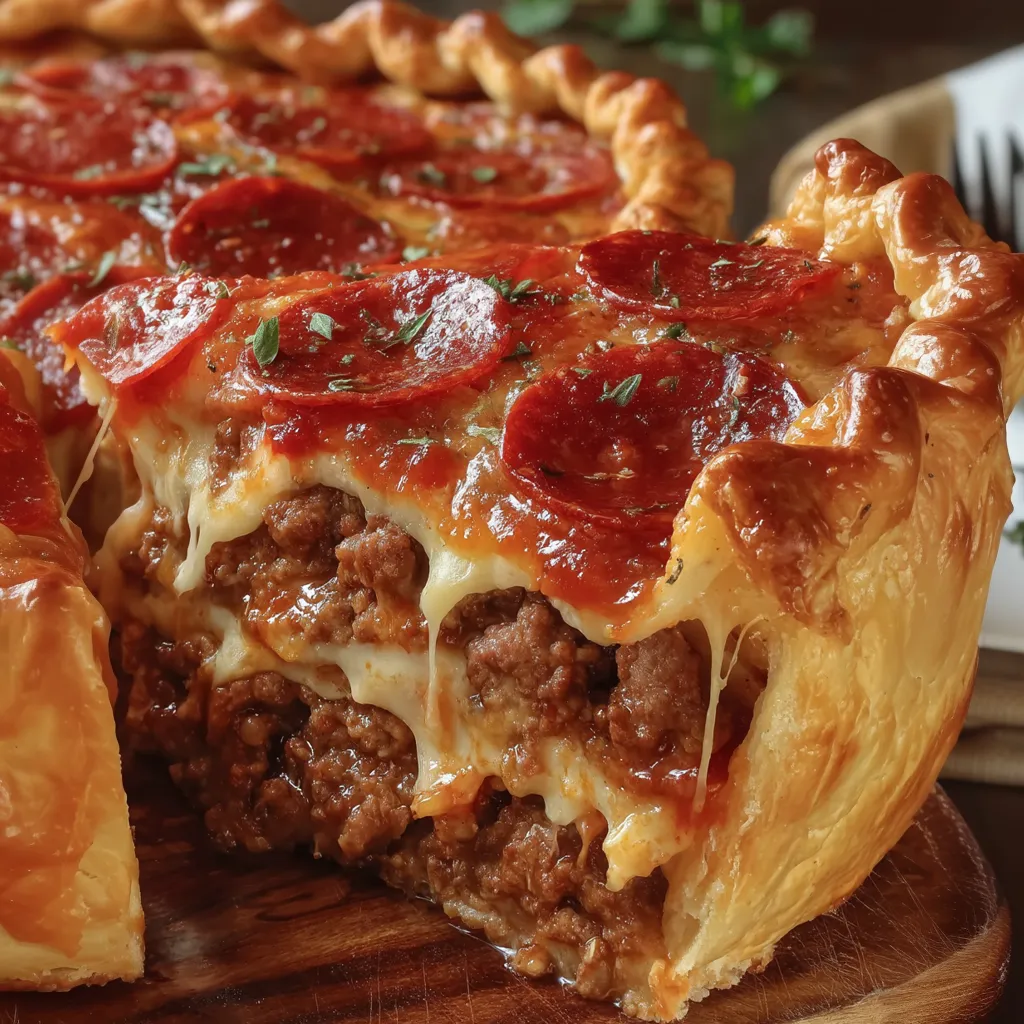 Ein tiefer Hamburger-, Wurst- und Peperoni-Kuchen auf einem Holzblock.
