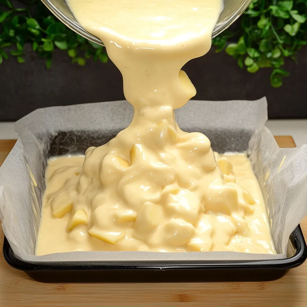 Eine Schüssel mit cremiger Masse, die in einen Teller gefüllt wird.