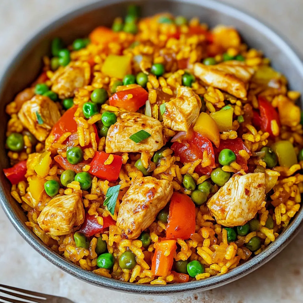 Ein Schalen mit Rice und Gemüse, darunter Tomaten, Peas, Chicken und Zwiebeln.