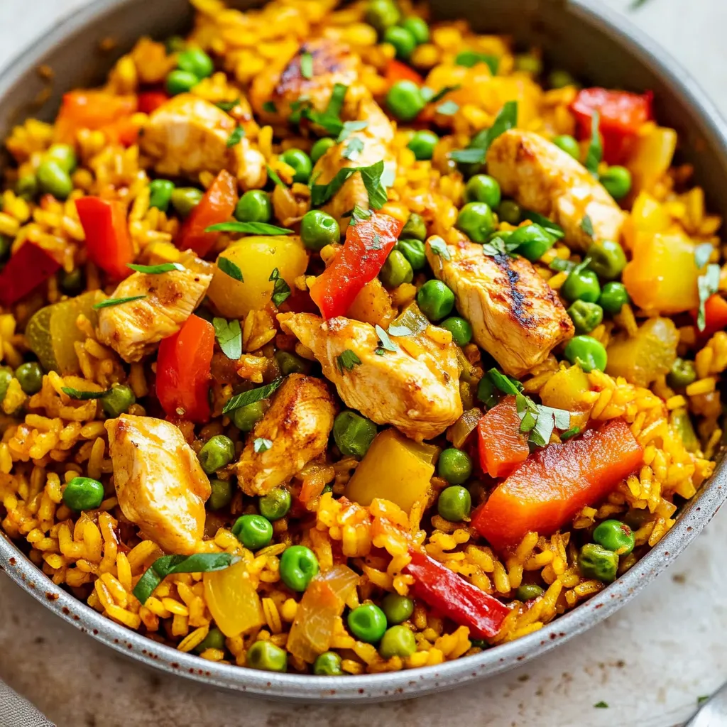 Ein Schalen mit Rice und Gemüse, darunter Peas, Tomaten, Paprika, Zwiebeln und Kartoffeln.