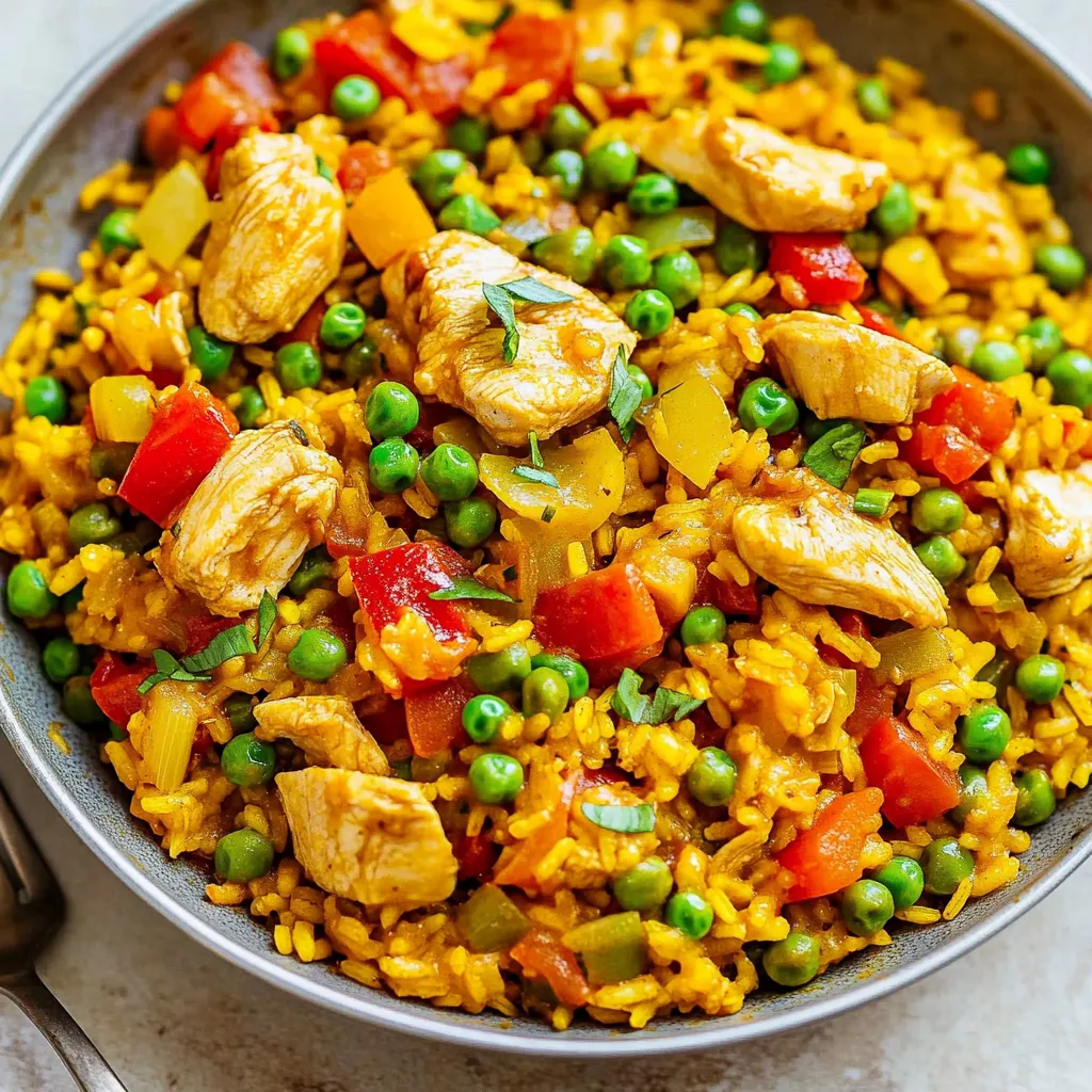 Ein Schmelztopf mit Rice, Chicken, Peas, Tomaten und Paprika.