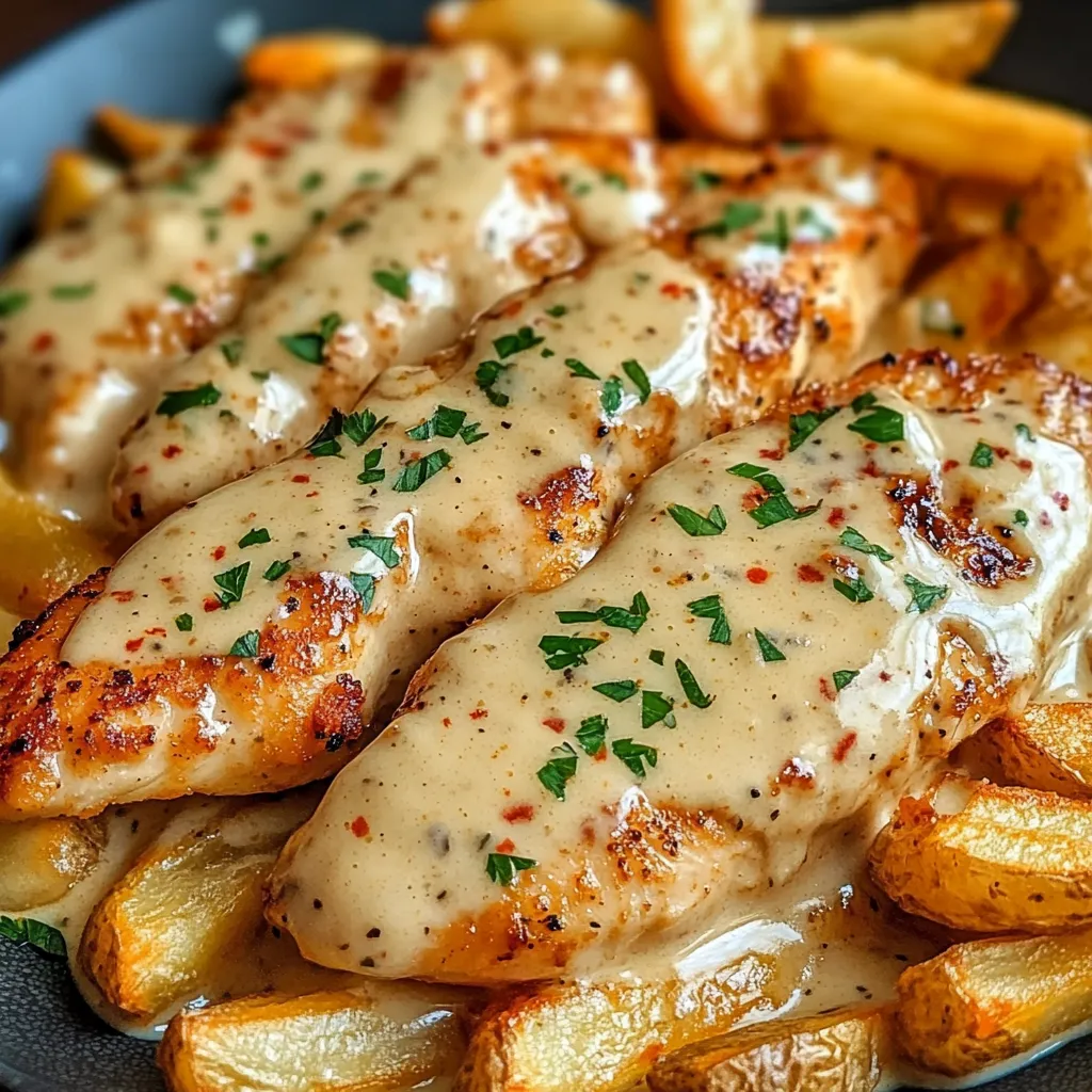 Ein Bild von einer Platte mit Chicken und Fries.