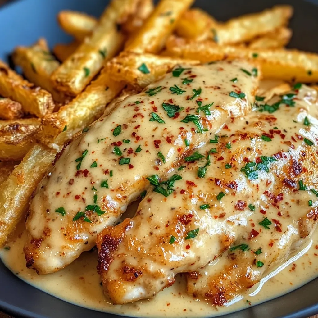 Ein Plate mit Frites und einem gegrillten Steak, das mit Sauce und Kräutern garniert ist.