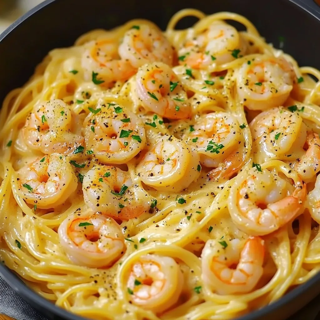 Ein Schüssel mit Spaghetti und Garnelen in Frischkäsesauce.