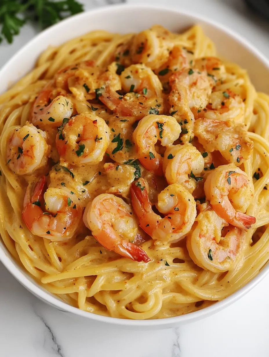 Ein weißer Teller mit Spaghetti und Garnelen in Frischkäsesauce.