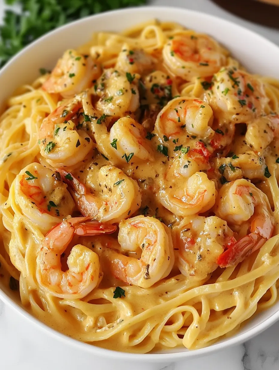 Ein weißer Teller mit Spaghetti und Garnelen in Frischkäsesauce.