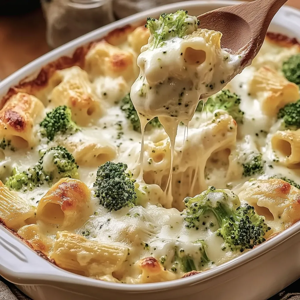 Ein Batch Penne mit Käse und Brokkoli in einem weißen Teller.