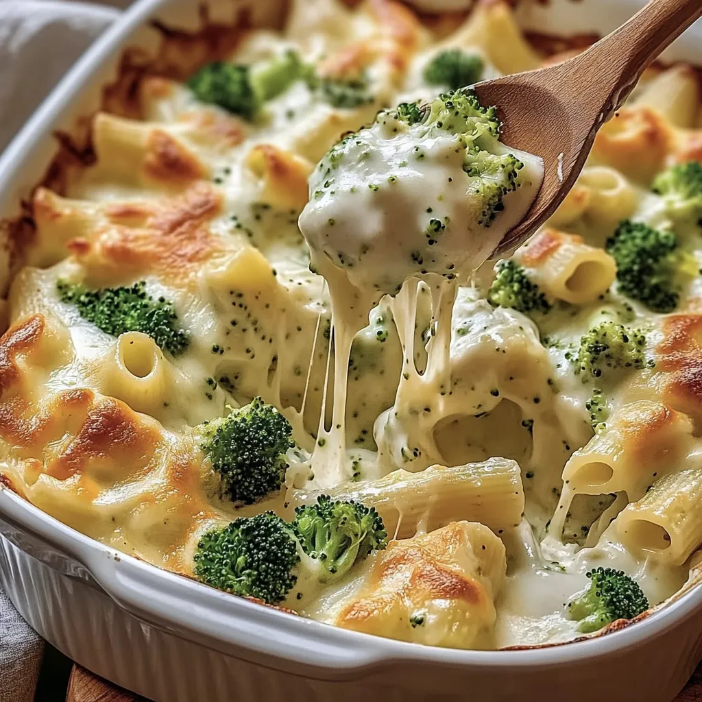 Ein weißer Teller mit einer Mischung aus Käse, Broccoli und Penne.
