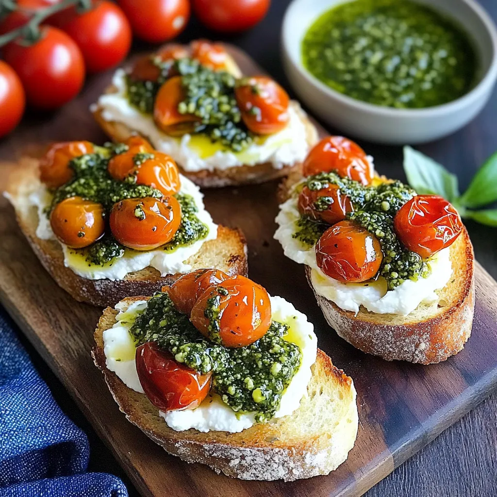 Zwei Toast mit Tomaten und Basilikum auf einem Holzbrett.
