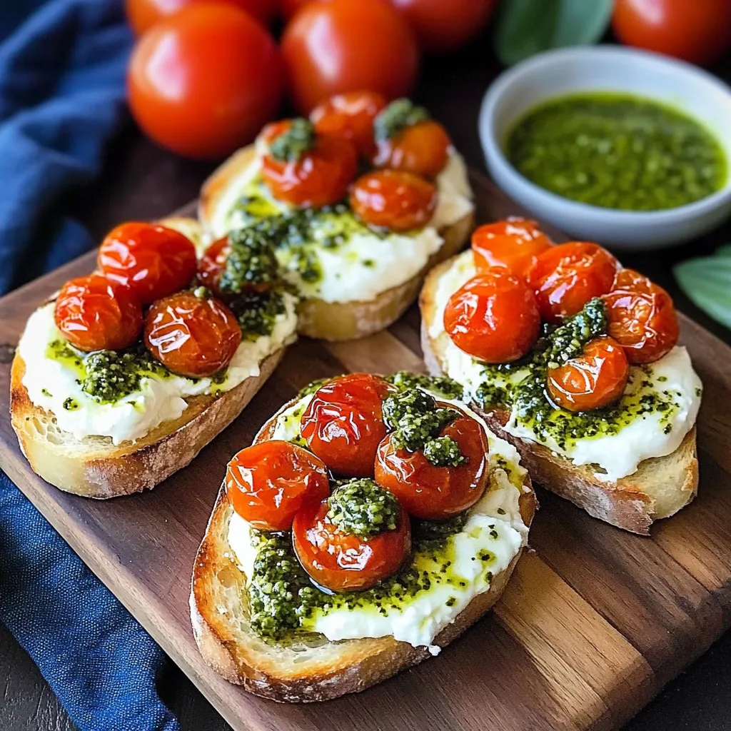 Zwei Toast mit Tomaten und Basilikum auf einem Holzbrett.