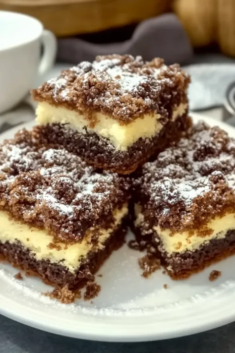Eine Platte mit drei Stücken Brownie, die mit Zucker bestreut sind.