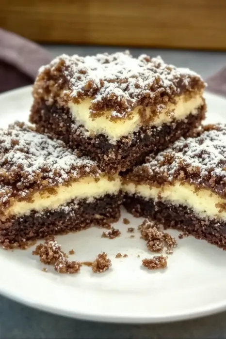 Eine Platte mit vier Stücken Brownie, die mit Zucker bestreut sind.
