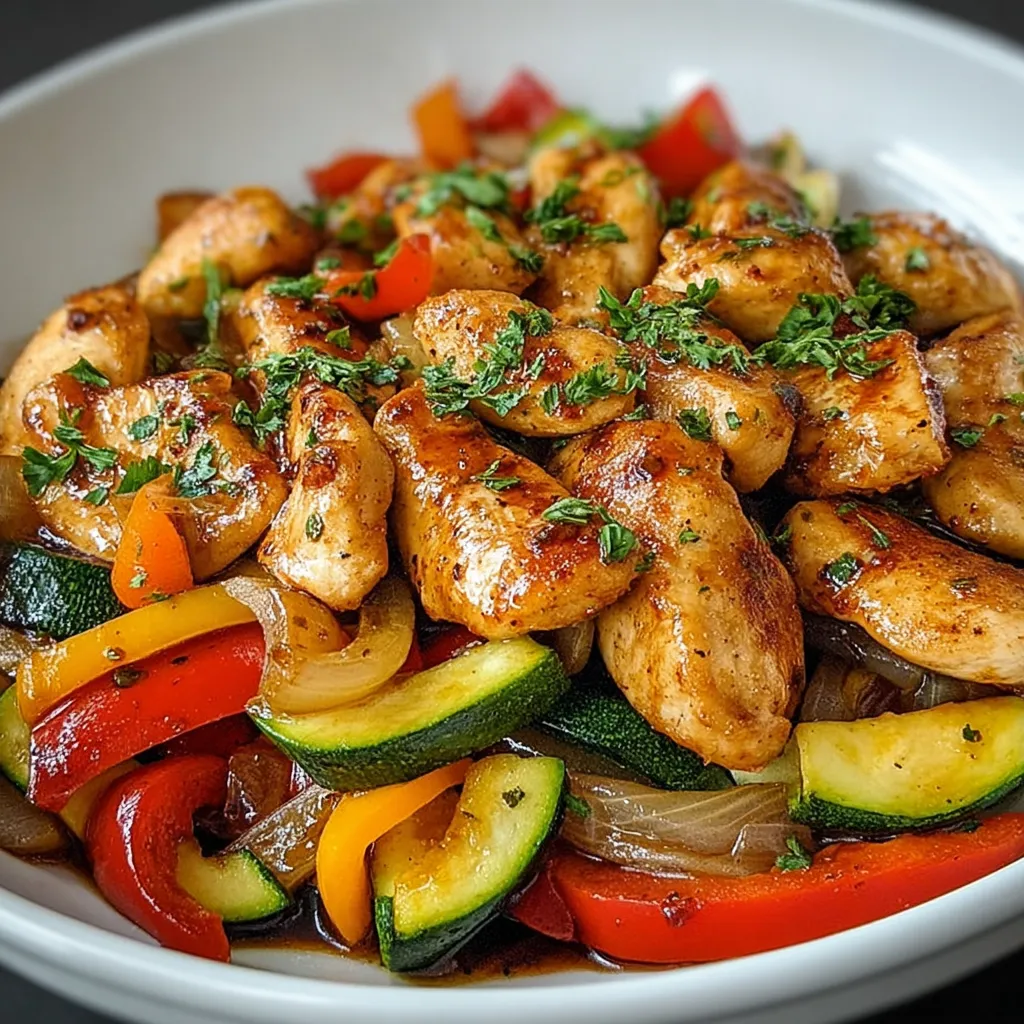 Ein weißer Teller mit einer Mischung aus Zwiebeln, Paprika, Zucchini, Tomaten und Chicken.