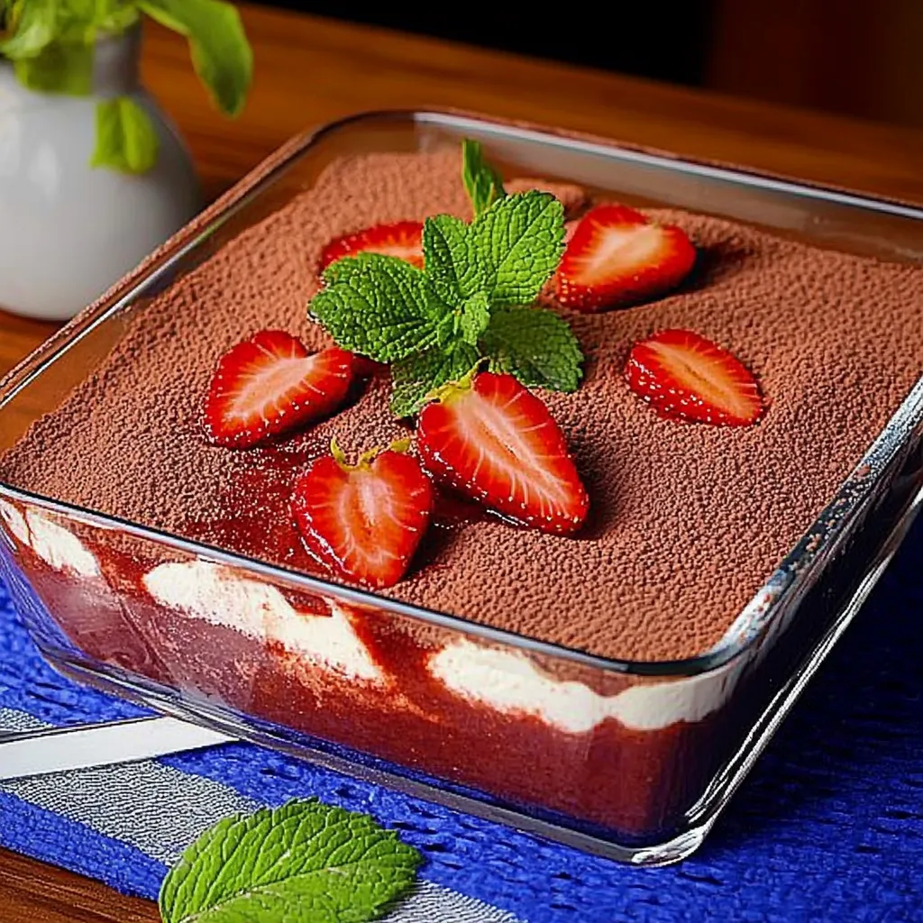 Eine Tasse mit einer Schokoladenglasur, die mit Strawberries und Mint garniert ist.