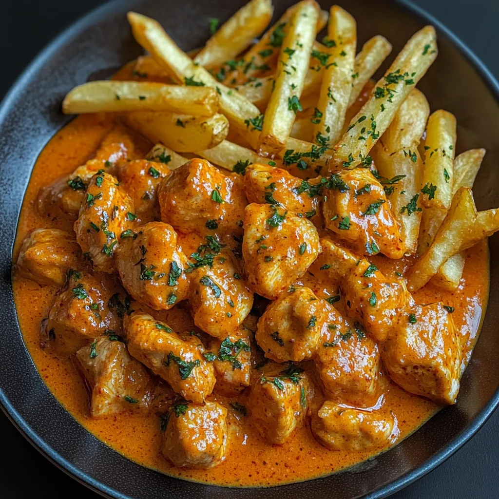 Ein Schalen mit Chicken und Friesen.