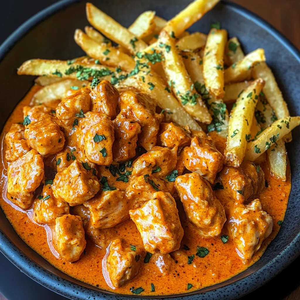Ein Schalen mit Chicken-Curry und frisch zubereiteten Fritten.