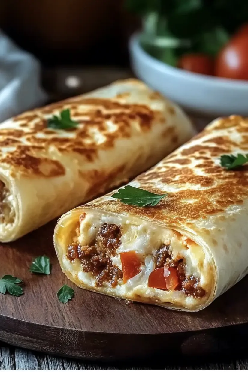 Ein pr&auml;gnantes Bild, das eine Burrito-Wrappe mit Tomaten, Koriander und K&auml;se zeigt.