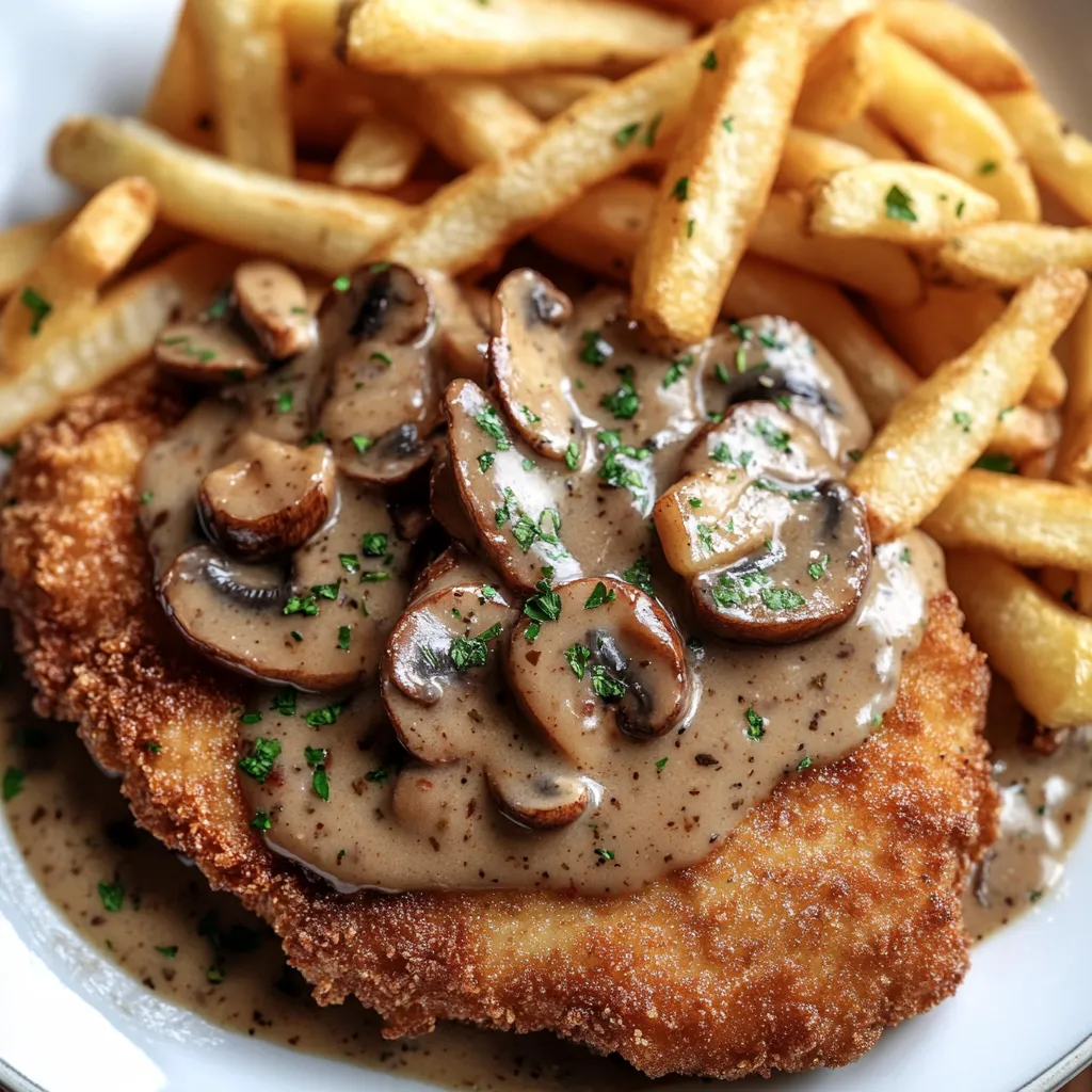 Ein Plate mit Frites und einer Portion von Käse und Mushrooms.
