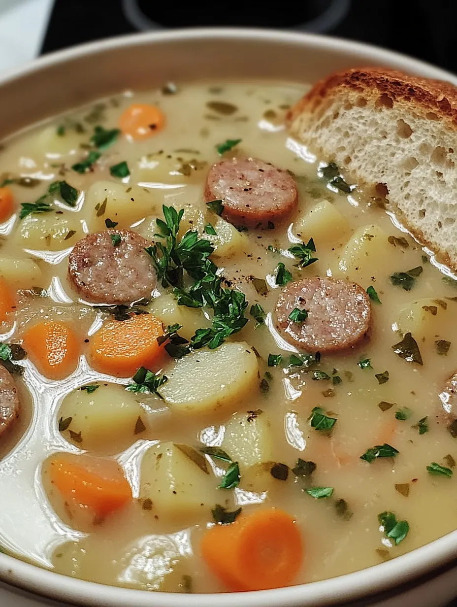 Ein Bild von einer Suppe mit saurem Geschmack, die mit Kartoffeln, Karotten, Zwiebeln und Wurst garniert ist.