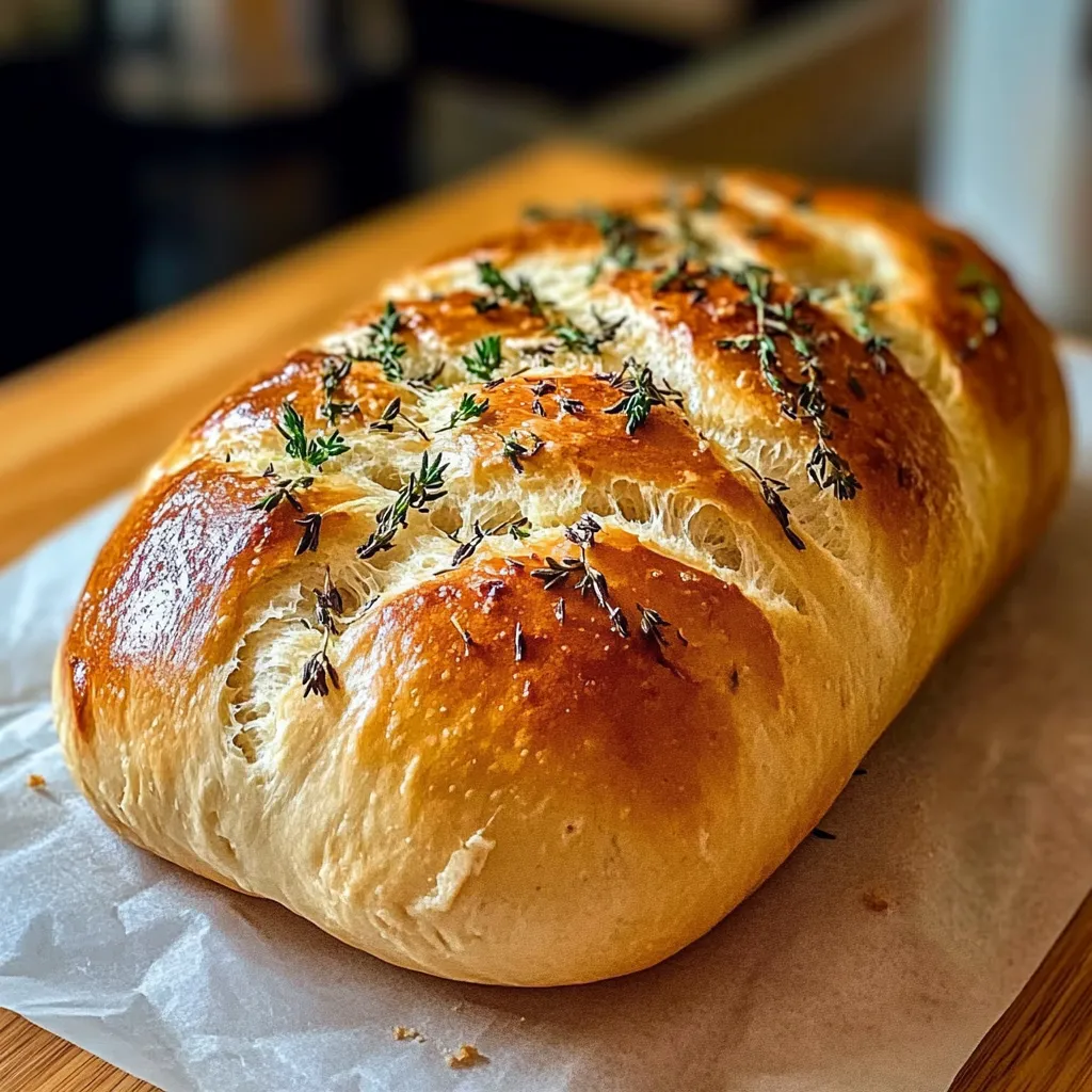 Ein weißer Baguette mit Kräutern darauf.