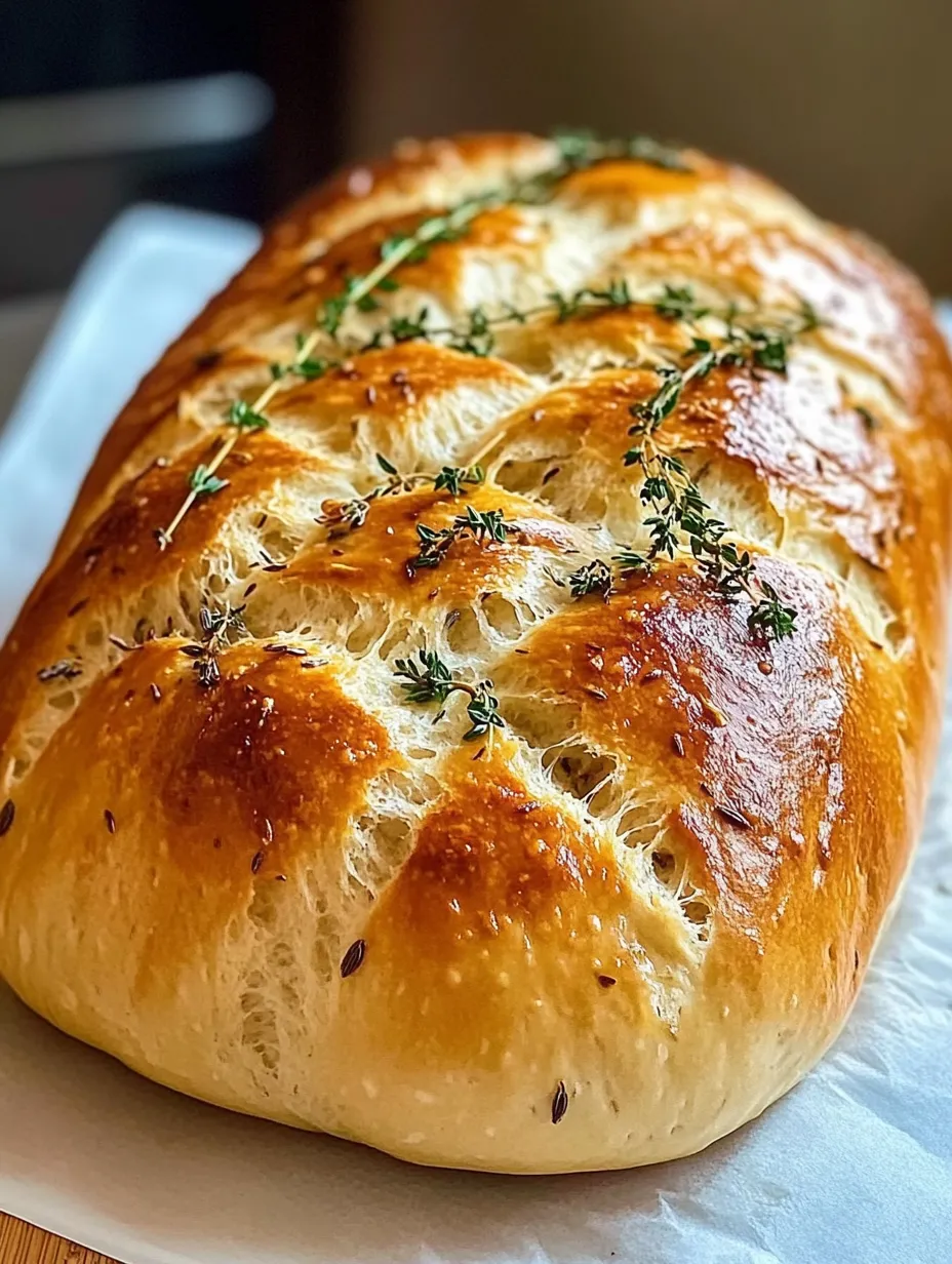 Ein weißer Baguette mit Kräutern darauf.