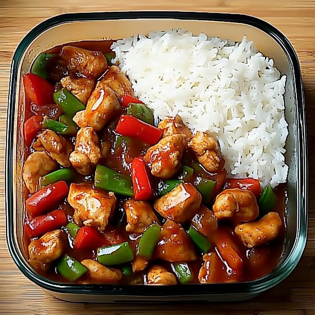 Ein Glas mit einer Mischung aus Rice und Chicken.