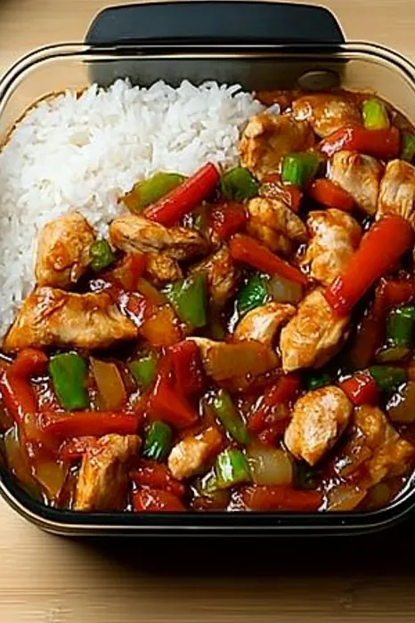 Ein Bild von einer Schüssel mit Rice und Chicken.