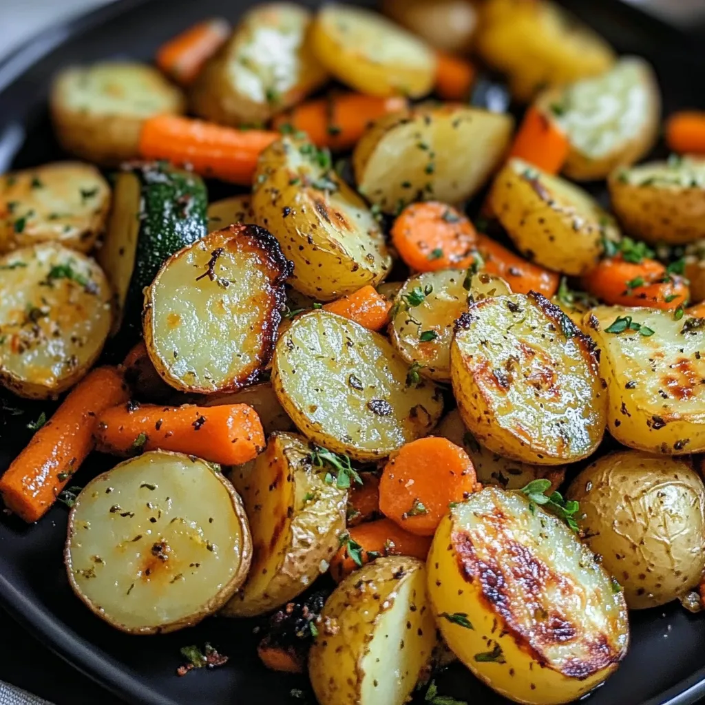 Ein schwarzes Teller mit einer Mischung aus Kartoffeln, Zwiebeln, Karotten und Paprika.