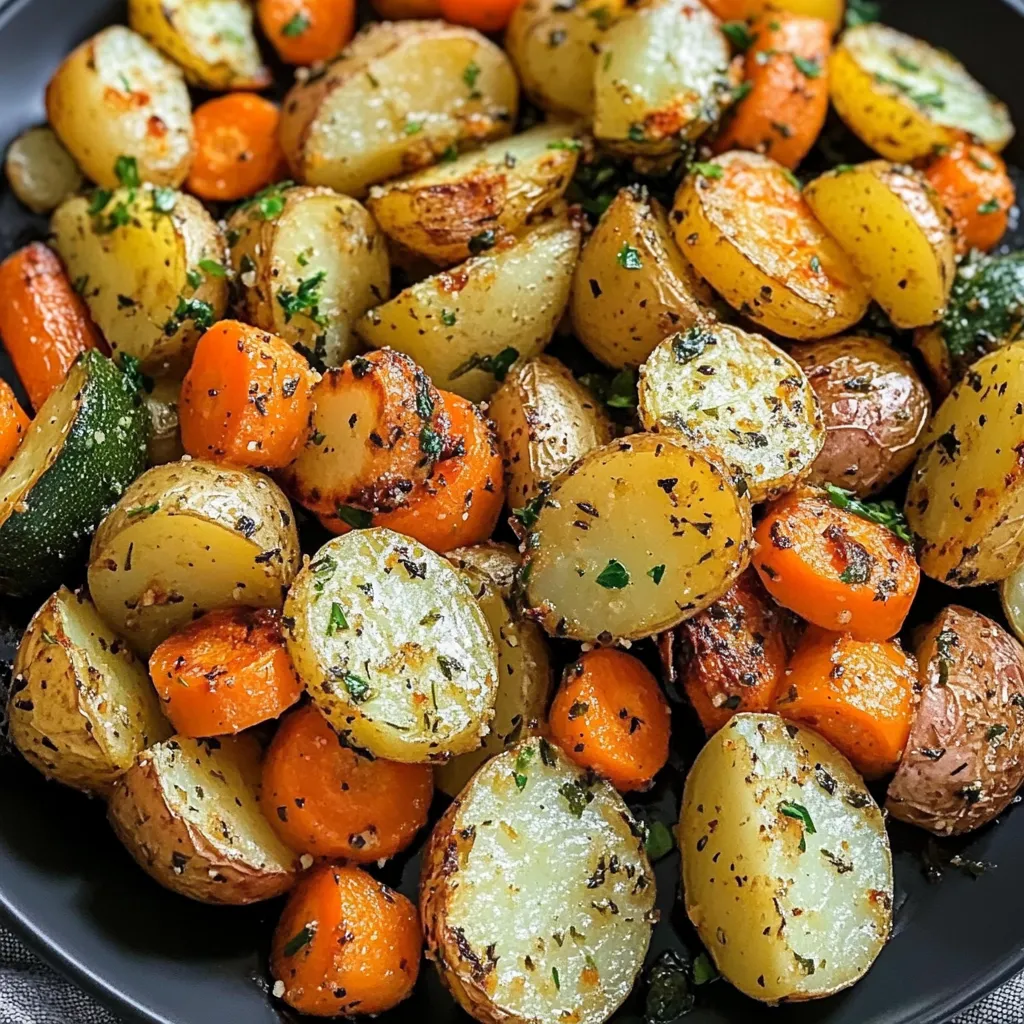 Ein schwarzes Plate mit einer Mischung aus Kartoffeln, Paprika, Zwiebeln und Karotten.
