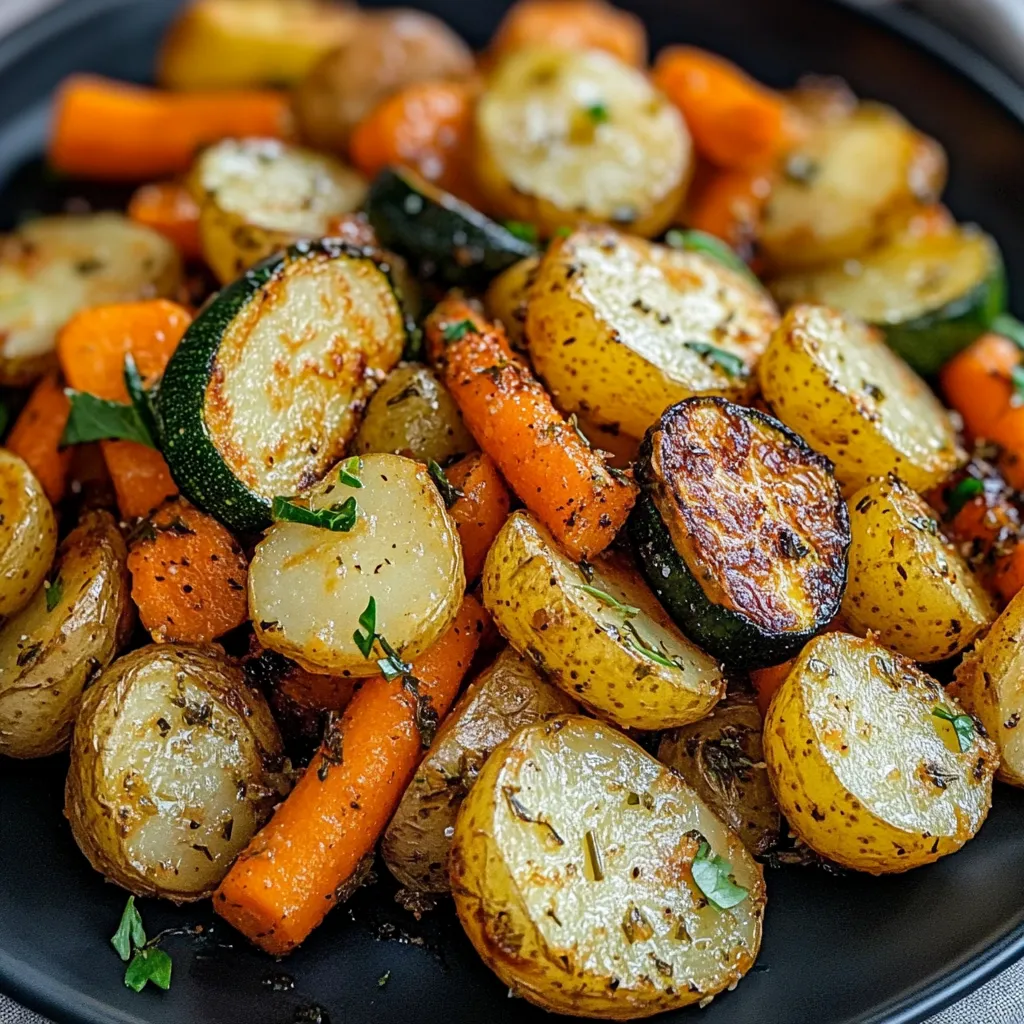 Ein schwarzes Plate mit einer Mischung aus Gemüse, darunter Zucchini, Paprika, Karotten und Kartoffeln.